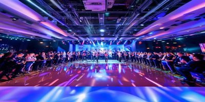 艳母在线2026年度内容升级发布会现场，编辑团队展示全新内容框架，舞台灯光璀璨